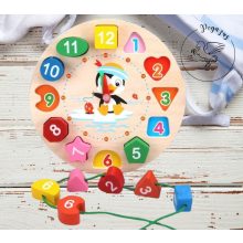 Fa készségfejlesztő formakereső puzzle óra, fűzős játék – pingvin