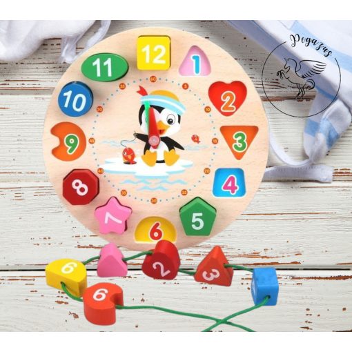 Fa készségfejlesztő formakereső puzzle óra, fűzős játék – pingvin