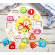 Fa készségfejlesztő formakereső puzzle óra, fűzős játék – oroszlán