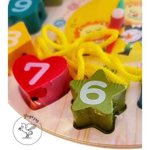 Fa készségfejlesztő formakereső puzzle óra, fűzős játék – oroszlán